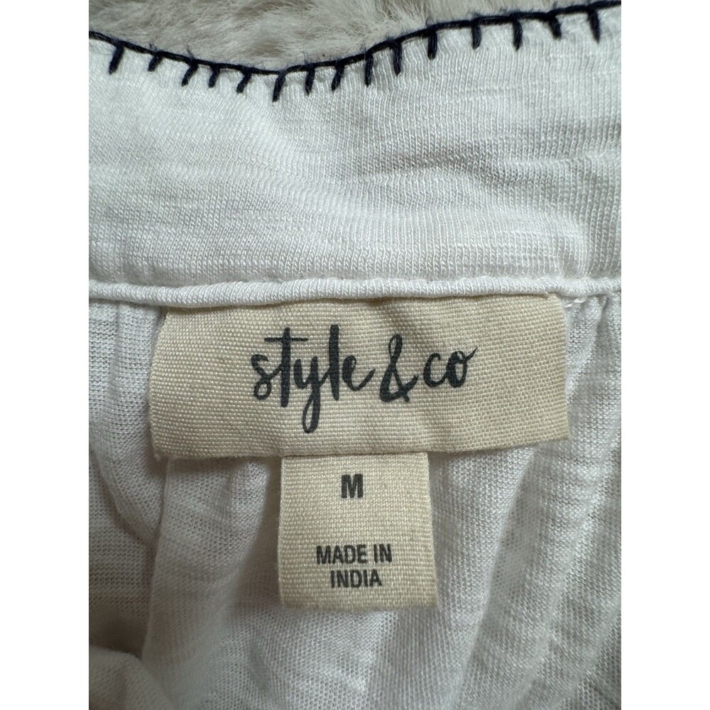 Style & Co Floral Embroidered Slub Knit Short Sleeve Peasant Blouse Size M White - Picture 4 of 6